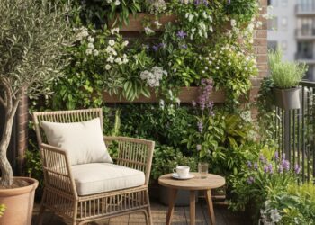 Varanda verde com plantas e arvores pequenas