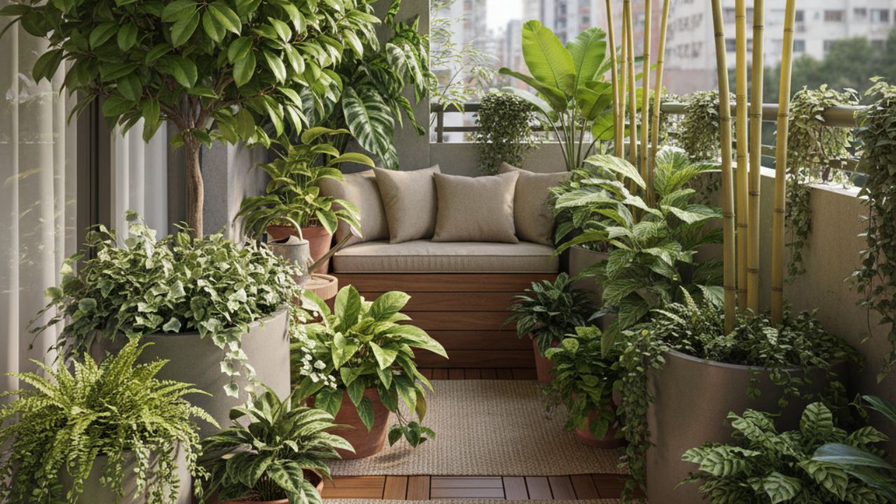 Plantas como bambu mosso na varanda