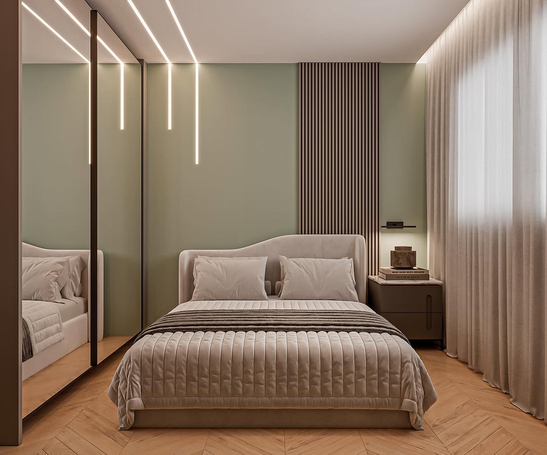 Cabeceira curva transforma o quarto em um refúgio de aconchego e design