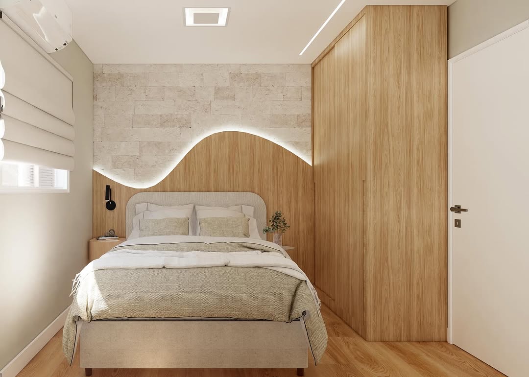 Cabeceira curva transforma o quarto em um refúgio de aconchego e design