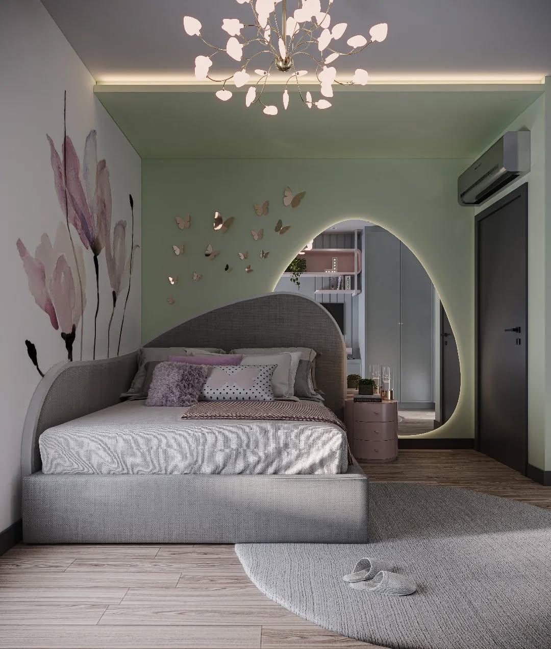 Cabeceira curva transforma o quarto em um refúgio de aconchego e design