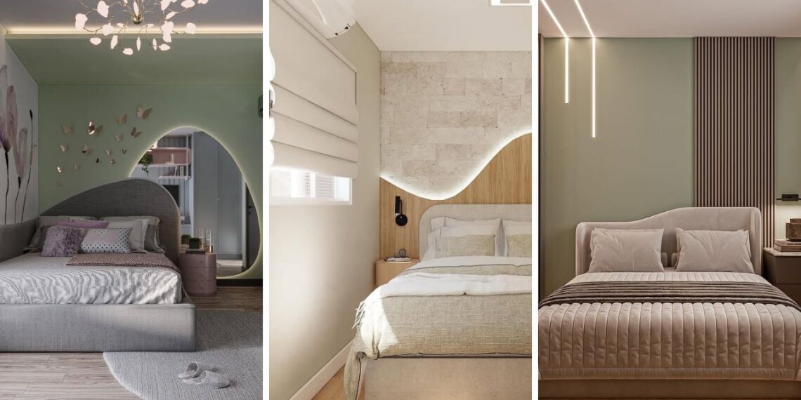 Cabeceira curva transforma o quarto em um refúgio de aconchego e design
