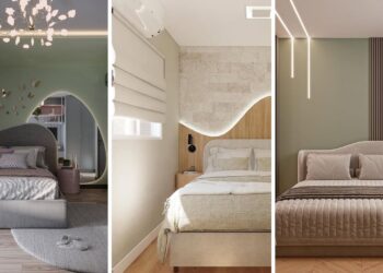 Cabeceira curva transforma o quarto em um refúgio de aconchego e design