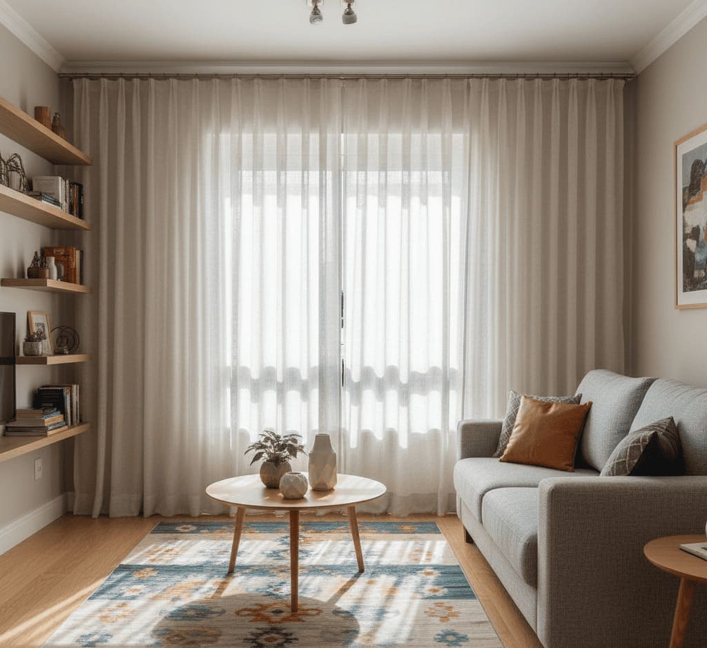"Sala pequena com cortina longa em tecido leve, instalada do teto ao piso, criando sensação de amplitude e iluminação suave no ambiente."