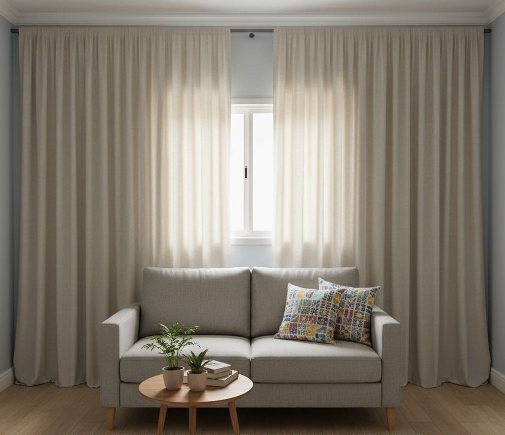 "Cortinas claras e volumosas cobrindo toda a parede em uma sala pequena, ampliando visualmente a janela e trazendo leveza ao décor."