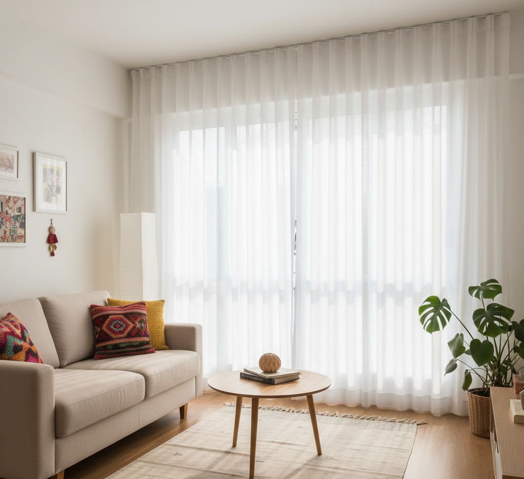 "Sala pequena iluminada por cortina branca translúcida em trilho alto, destacando a verticalidade e tornando o ambiente mais amplo e arejado."