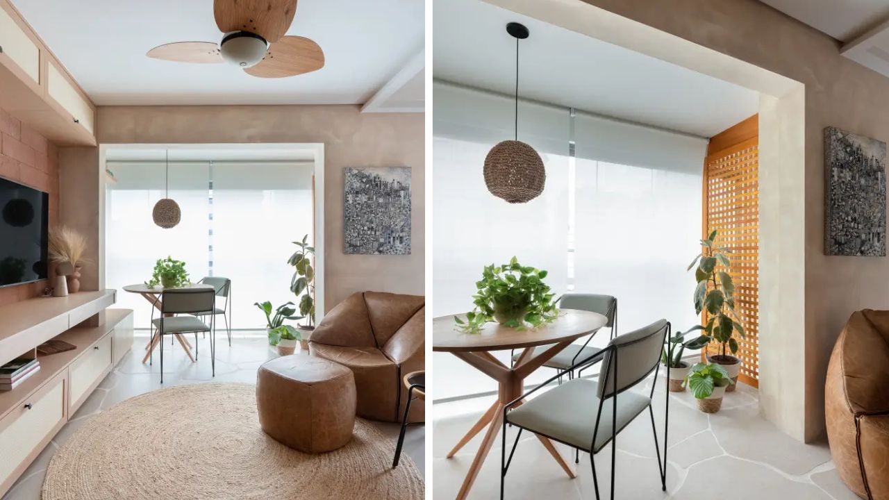 Estúdio de 40 m² aposta em tons terrosos, porcelanato orgânico e muxarabi para integrar lavanderia, cozinha e estar com leveza e funcionalidade.