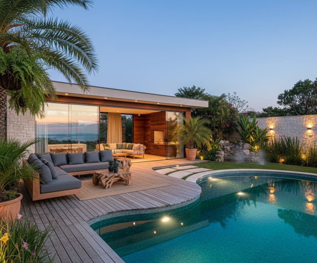 O fundo da casa como refúgio: Como a edícula integrada com piscina valoriza o imóvel e o bem-estar.