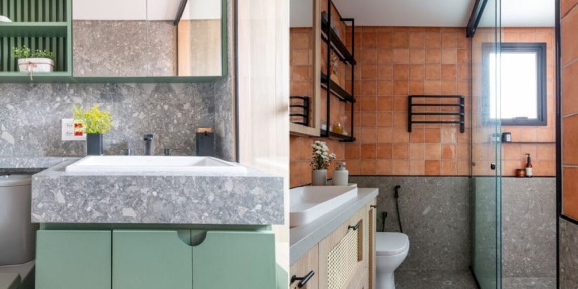 Constituído de uma mistura de cimento, pedras naturais, minerais e até areia, o aspecto único e texturizado definiu o granilite como um dos revestimentos favoritos dos brasileiros, principalmente para o banheiro | Projeto da arquiteta Mari Milani | Fotos: Julia Herman e Mariana Camargo