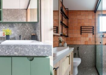 Constituído de uma mistura de cimento, pedras naturais, minerais e até areia, o aspecto único e texturizado definiu o granilite como um dos revestimentos favoritos dos brasileiros, principalmente para o banheiro | Projeto da arquiteta Mari Milani | Fotos: Julia Herman e Mariana Camargo