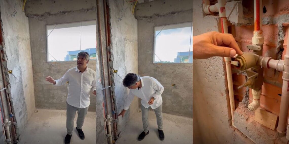Em vistoria de obra, o arquiteto Alexandre Pasquotto avalia toda a execução da hidráulica antes do fechamento das paredes do banheiro | Projeto: Meneghisso Pasquotto Arquitetura | Fotos: divulgação