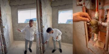 Em vistoria de obra, o arquiteto Alexandre Pasquotto avalia toda a execução da hidráulica antes do fechamento das paredes do banheiro | Projeto: Meneghisso Pasquotto Arquitetura | Fotos: divulgação