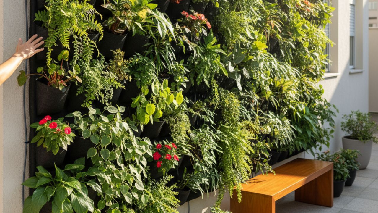 Jardim vertical externo com folhagens variadas e flores, instalado em parede residencial, com banco de madeira e vasos complementares.