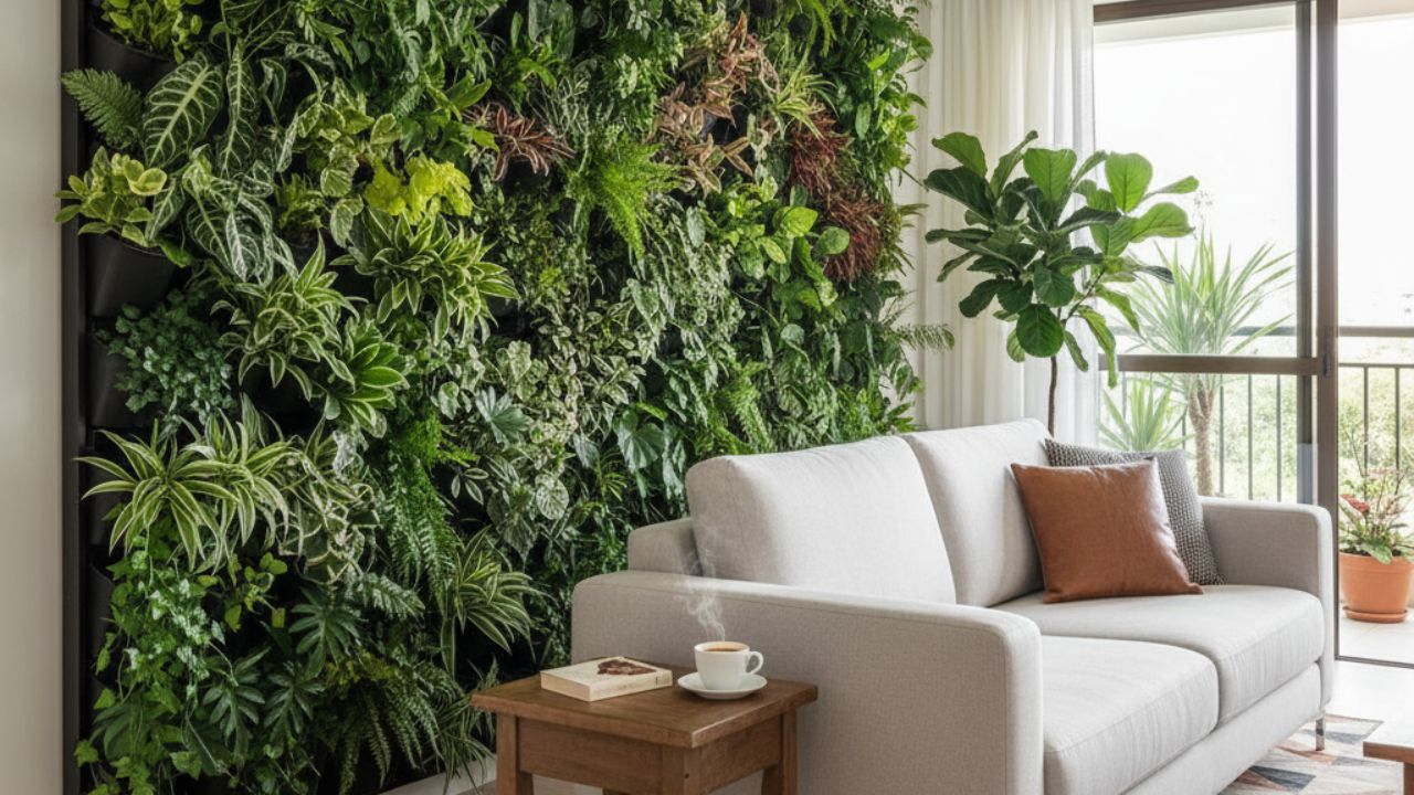 Jardim vertical interno na sala de estar, com parede verde ao lado do sofá claro, integrando plantas ornamentais à decoração contemporânea.