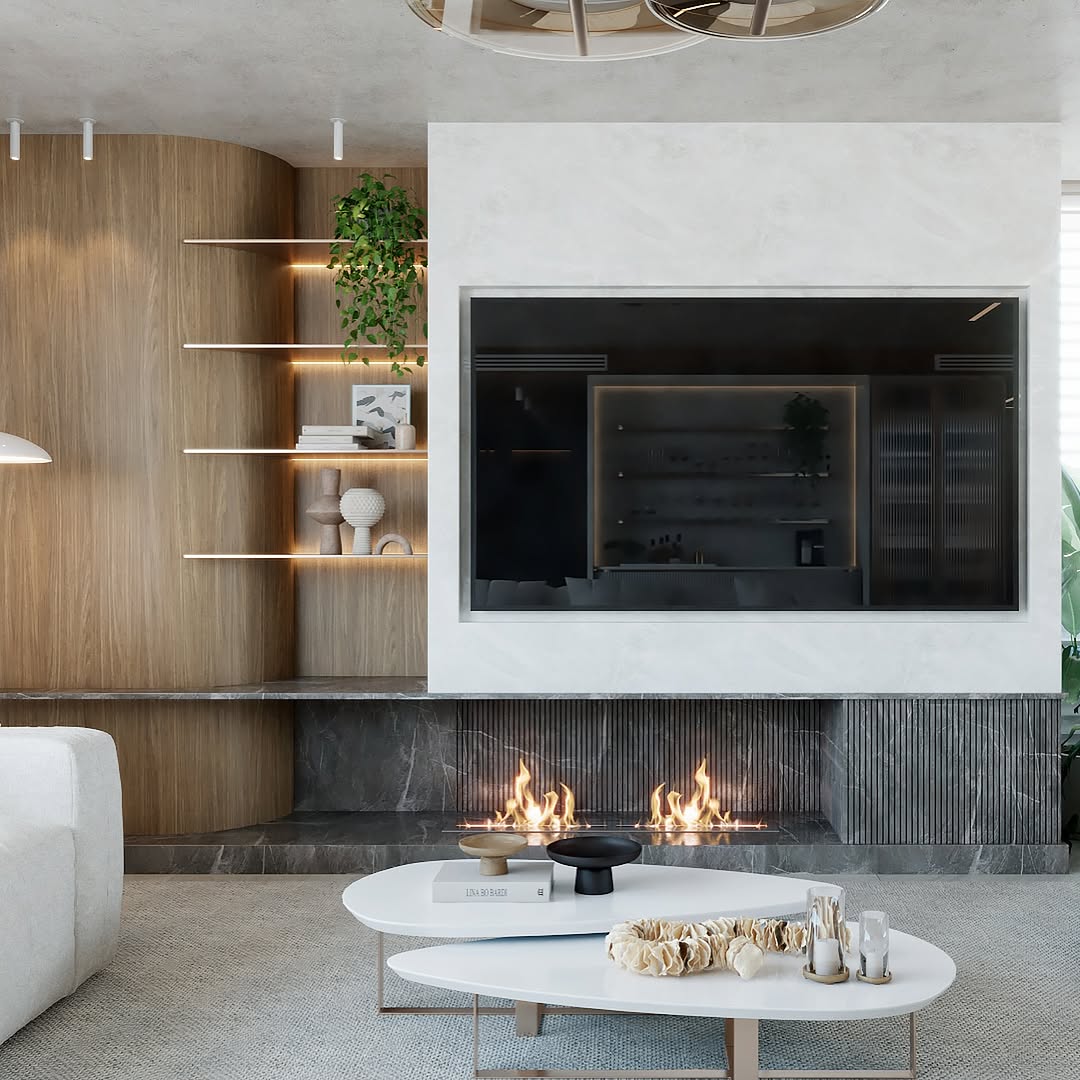 sala de estar ampla com lareira ecologica