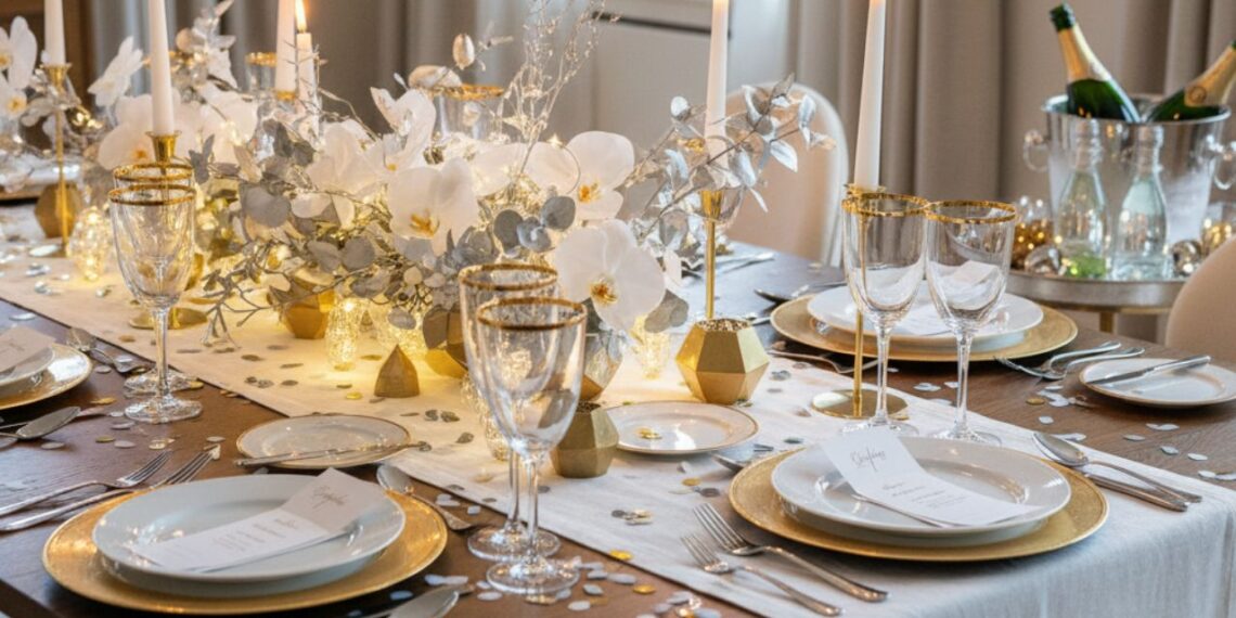 Mesa posta para o Ano Novo com toalha branca, sousplats dourados, louças claras, taças de cristal e arranjo central com flores brancas e velas, criando um clima sofisticado e festivo.