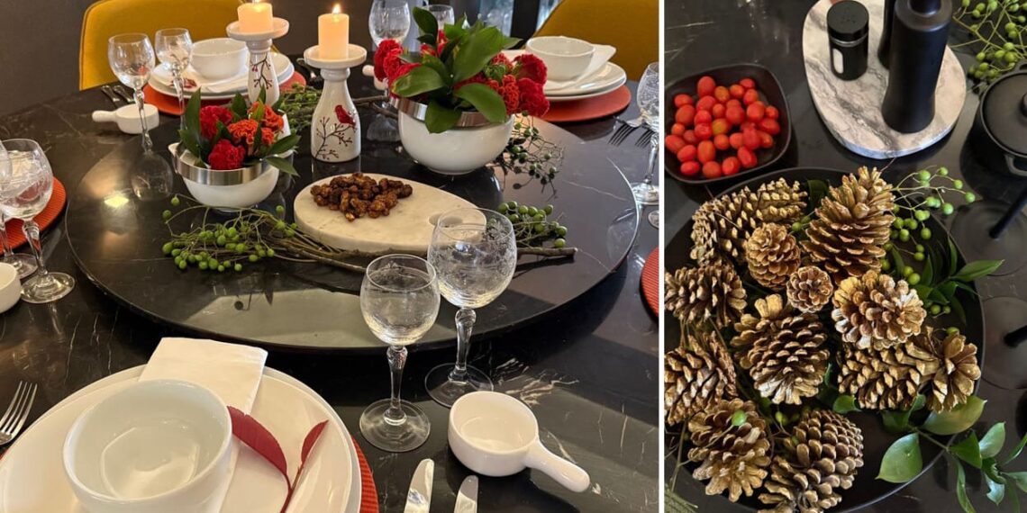 Desde o uso de velas a pinhas com o acervo de louças e taças que já fazem parte da casa, a arquiteta Cristiane Schiavoni afirma que as composições de mesas para Natal e Réveillon enaltecem a beleza de viver as datas com quem se ama | Fotos: Dan Brunini