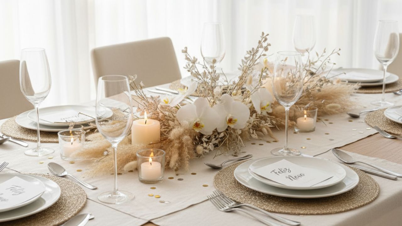 Mesa posta para o Ano Novo em tons neutros, com trilho de mesa claro, flores secas, velas baixas, louças brancas e jogos americanos de fibras naturais, transmitindo leveza e acolhimento.