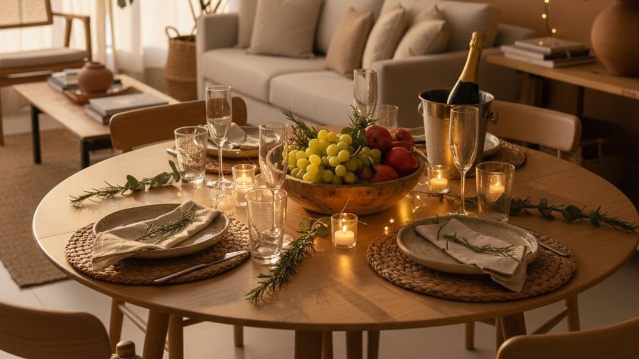Mesa posta para o Ano Novo com estética natural, frutas frescas ao centro, taças para espumante, velas acesas e elementos em madeira, integrada à sala de estar com iluminação quente.