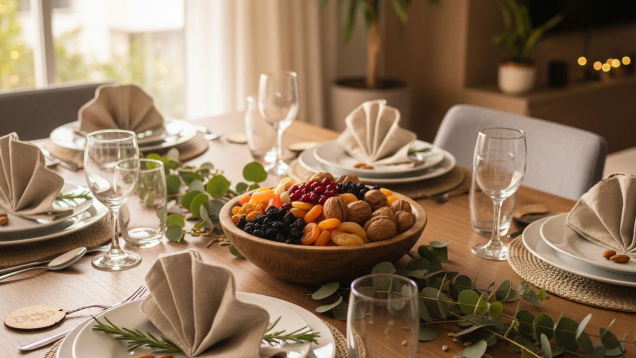 Mesa posta para o Ano Novo com base de madeira, pratos neutros, guardanapos de tecido, bowl com frutas secas e folhagens verdes, criando uma decoração acolhedora e equilibrada.