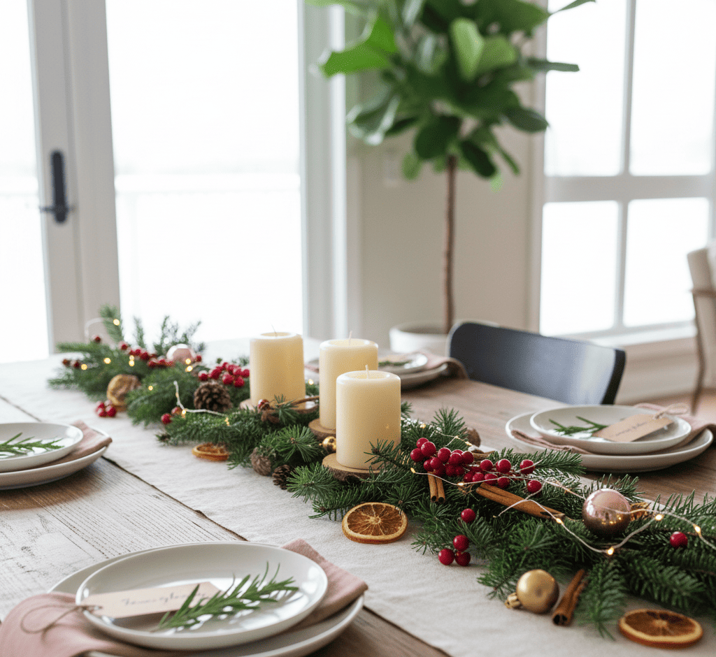 Mesa de Natal simples decorada com velas, ramos verdes, frutas secas e detalhes dourados, criando um clima natural e acolhedor.