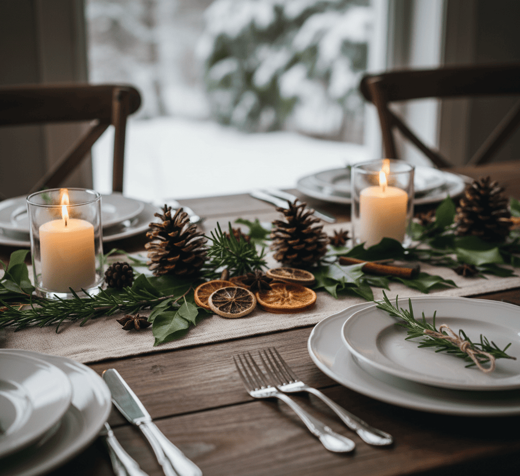 Mesa natalina rústica com pinhas, laranjas secas, folhagens verdes e velas acesas sobre tecido neutro.