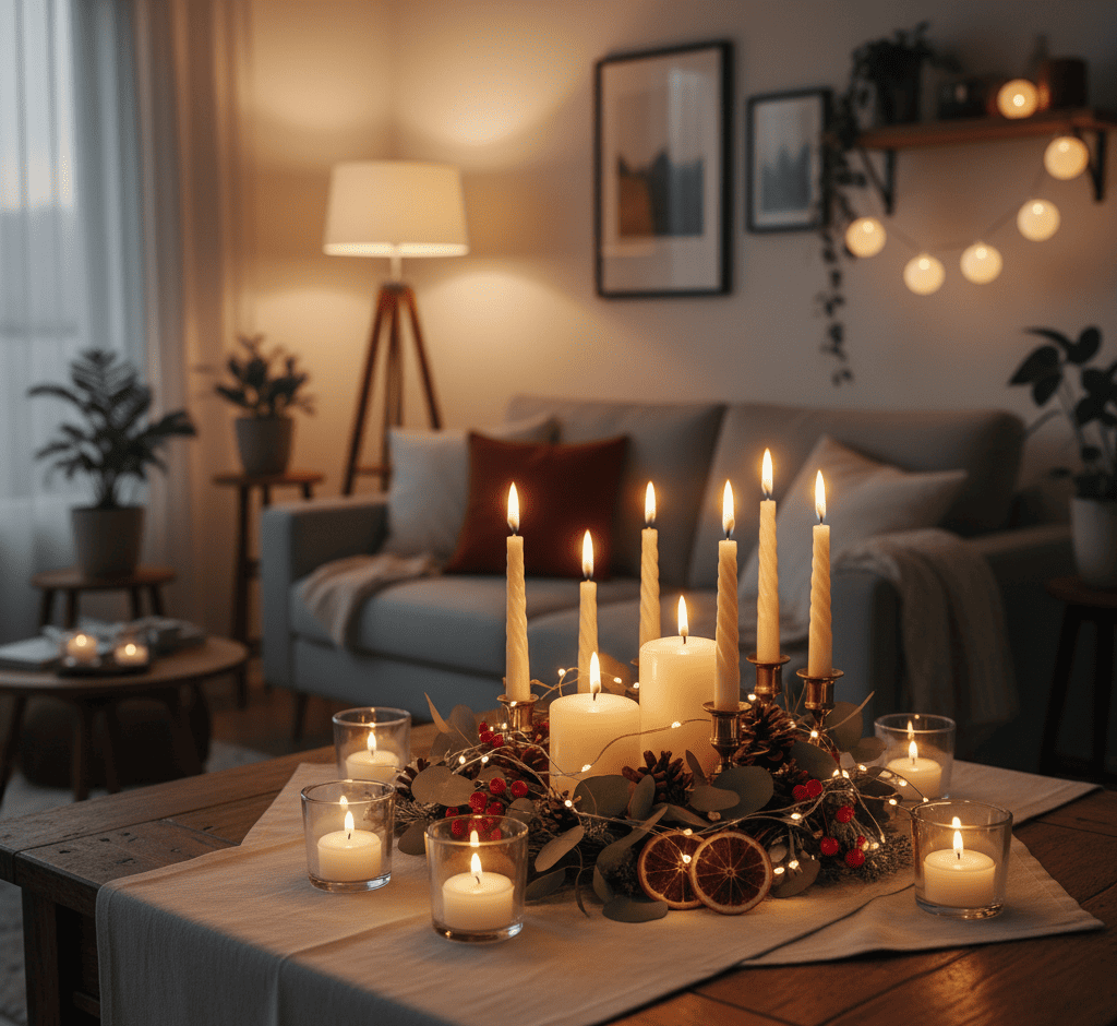 Centro de mesa de natal com várias velas acesas, folhagens e frutas vermelhas, iluminando uma sala decorada para o Natal.