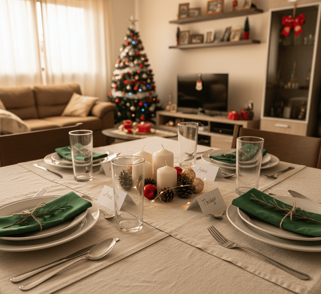 Mesa posta de Natal com guardanapos verdes, velas no centro e árvore decorada ao fundo em ambiente doméstico.