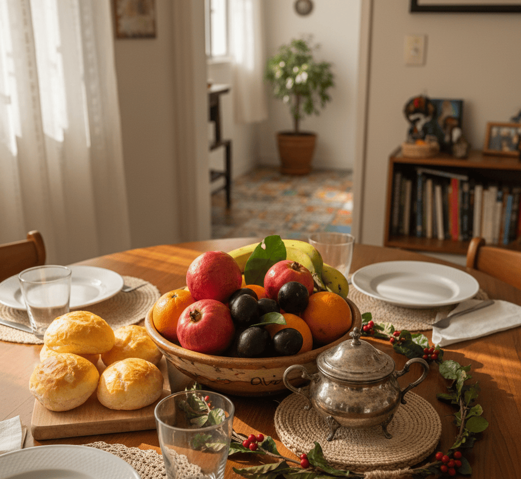 Mesa com frutas, pães e folhagens decorativas iluminada pela luz natural, em estilo simples e acolhedor para o Natal.
