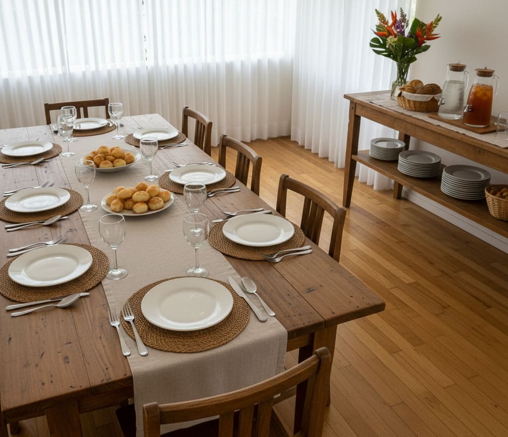 Mesa posta em estilo natural com pratos brancos, jogos americanos de fibras naturais, talheres alinhados e mesa de madeira clara, criando um clima acolhedor e funcional para festas de fim de ano.