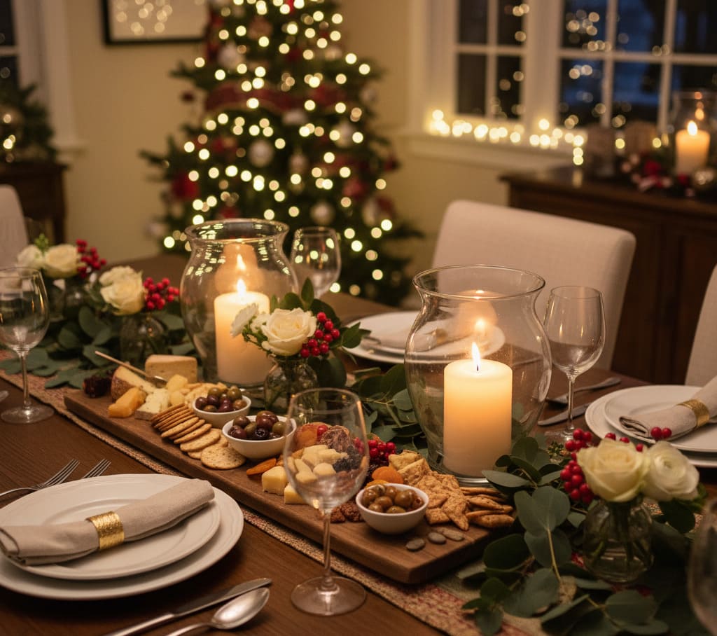 Mesa posta de Natal com velas em castiçais de vidro, tábuas de frios, arranjos com folhagens e frutas vermelhas, ao fundo árvore de Natal iluminada, criando uma atmosfera elegante e acolhedora.