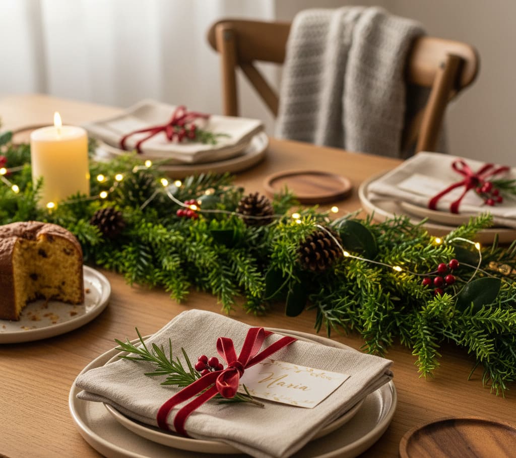 Mesa posta para Natal e Ano Novo com trilho verde de folhagens naturais, velas acesas, guardanapos de tecido amarrados com fita vermelha e cartões de lugar, transmitindo cuidado e afeto na recepção.