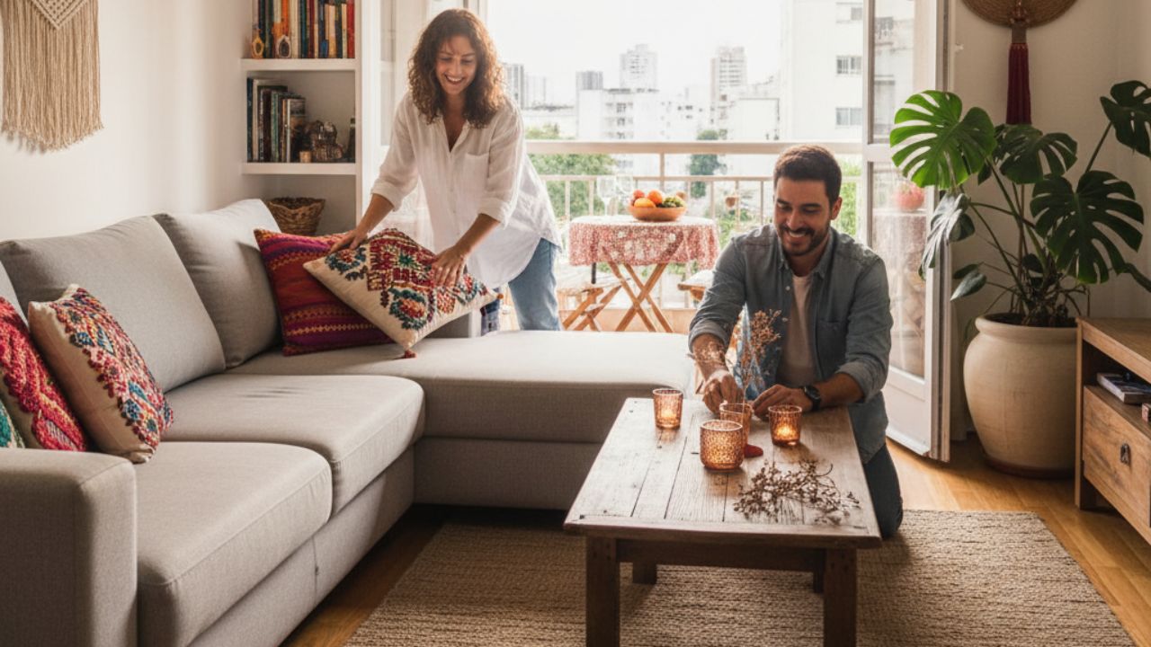 Casal faz a limpeza do banheiro antes das festas de fim de ano, higienizando pia e espelho para garantir um ambiente organizado e acolhedor para as visitas.