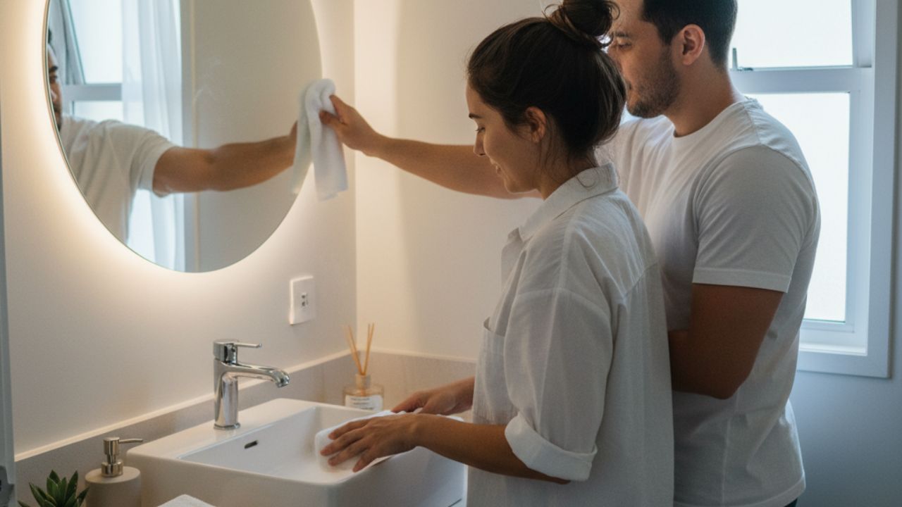 Área gourmet organizada para receber convidados nas festas de fim de ano, com casal preparando a churrasqueira em uma varanda decorada e funcional.