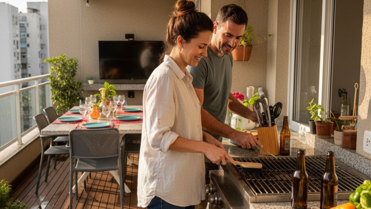 Preparação da casa para o Natal, com casal organizando a sala de jantar e a sala de estar decoradas com árvore natalina e mesa posta.