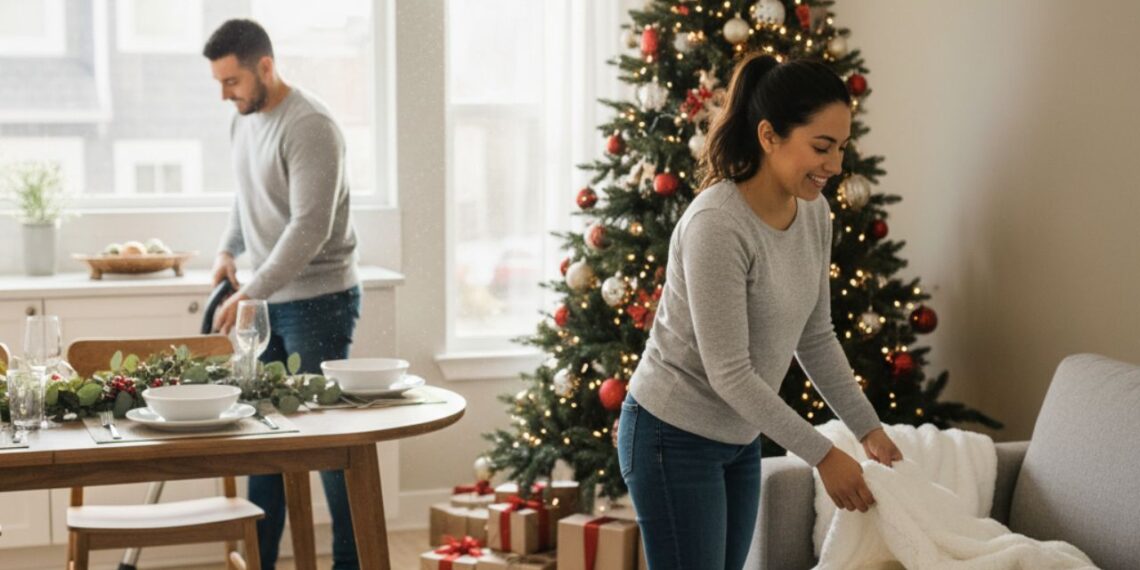 Casal organiza a sala de estar para as festas de fim de ano, ajustando almofadas e decorando o ambiente para receber convidados com conforto e aconchego.