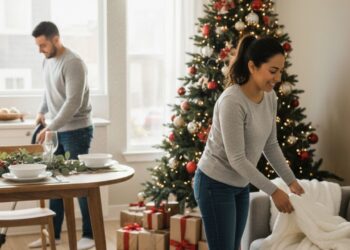 Casal organiza a sala de estar para as festas de fim de ano, ajustando almofadas e decorando o ambiente para receber convidados com conforto e aconchego.