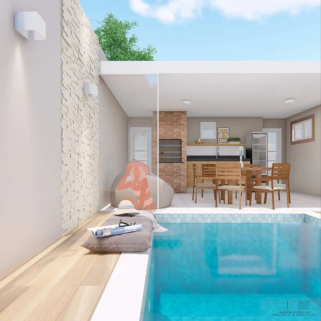 Piscina com churrasqueira integrada em área externa residencial, com piscina retangular, deck em madeira clara, área gourmet coberta com mesa de jantar, bancada, churrasqueira de alvenaria e revestimentos neutros.