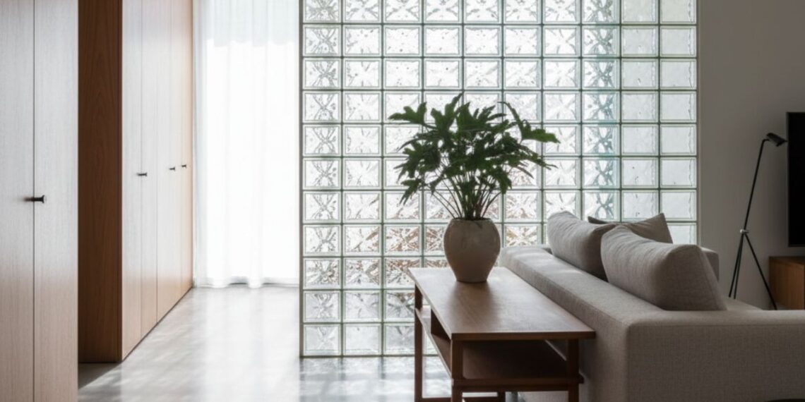 Sala de estar contemporânea com parede de tijolos de vidro dividindo ambientes, entrada de luz natural, mobiliário neutro e madeira clara.