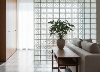 Sala de estar contemporânea com parede de tijolos de vidro dividindo ambientes, entrada de luz natural, mobiliário neutro e madeira clara.