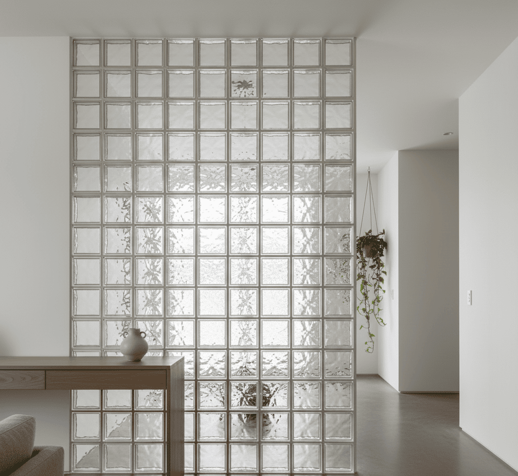 Painel interno de tijolos de vidro em ambiente minimalista, com iluminação natural filtrada e decoração contemporânea.