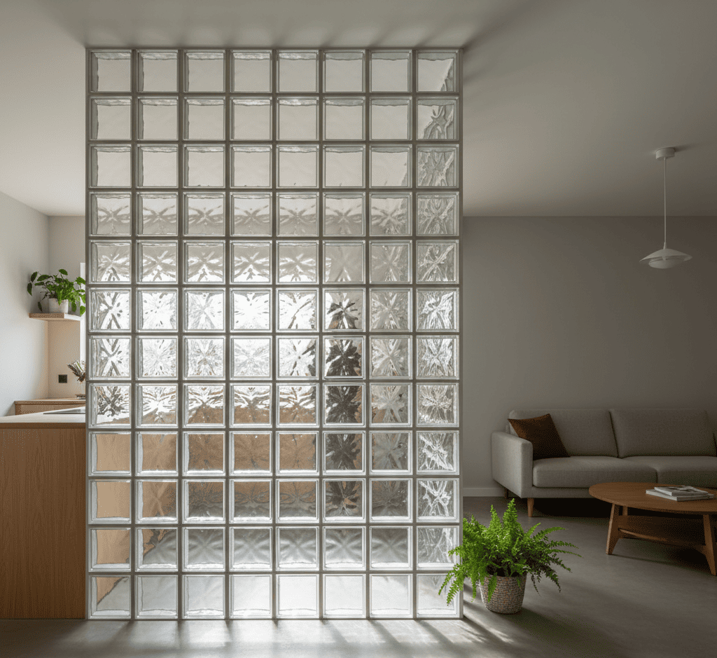 Divisória de tijolos de vidro entre cozinha e sala de estar, promovendo integração, luz natural e estética contemporânea.