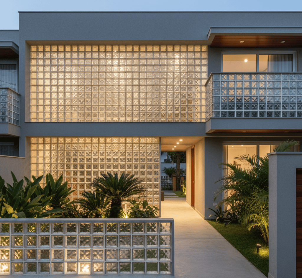 Fachada residencial contemporânea com tijolos de vidro, iluminação embutida e integração entre arquitetura e paisagismo.