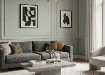 Sala de estar sofisticada com boiserie clássica nas paredes em tom verde acinzentado, sofá cinza com almofadas neutras, mesa de centro minimalista e poltrona clara; quadros abstratos em preto e branco decoram a parede, com iluminação natural entrando pela janela lateral.