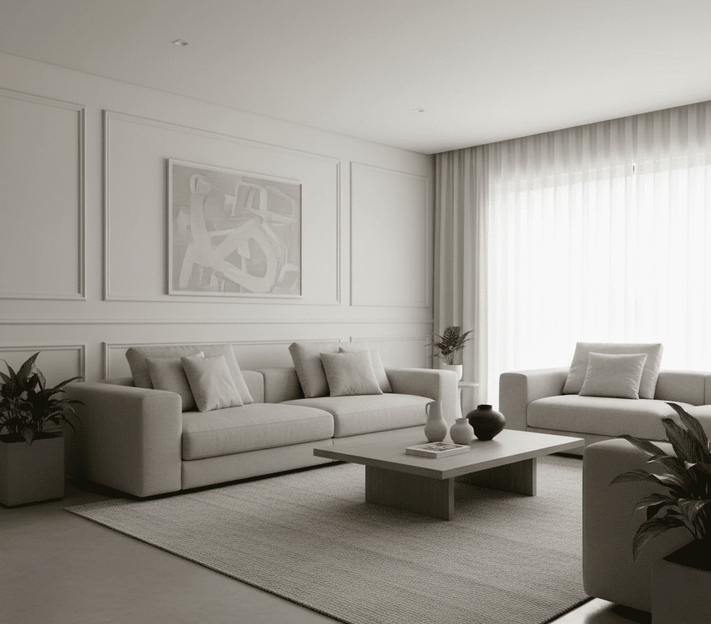 Sala de estar clean com boiserie branca nas paredes, sofás claros de linhas retas, mesa de centro baixa e tapete neutro; cortinas leves filtram a luz natural, criando um ambiente elegante, iluminado e atemporal.