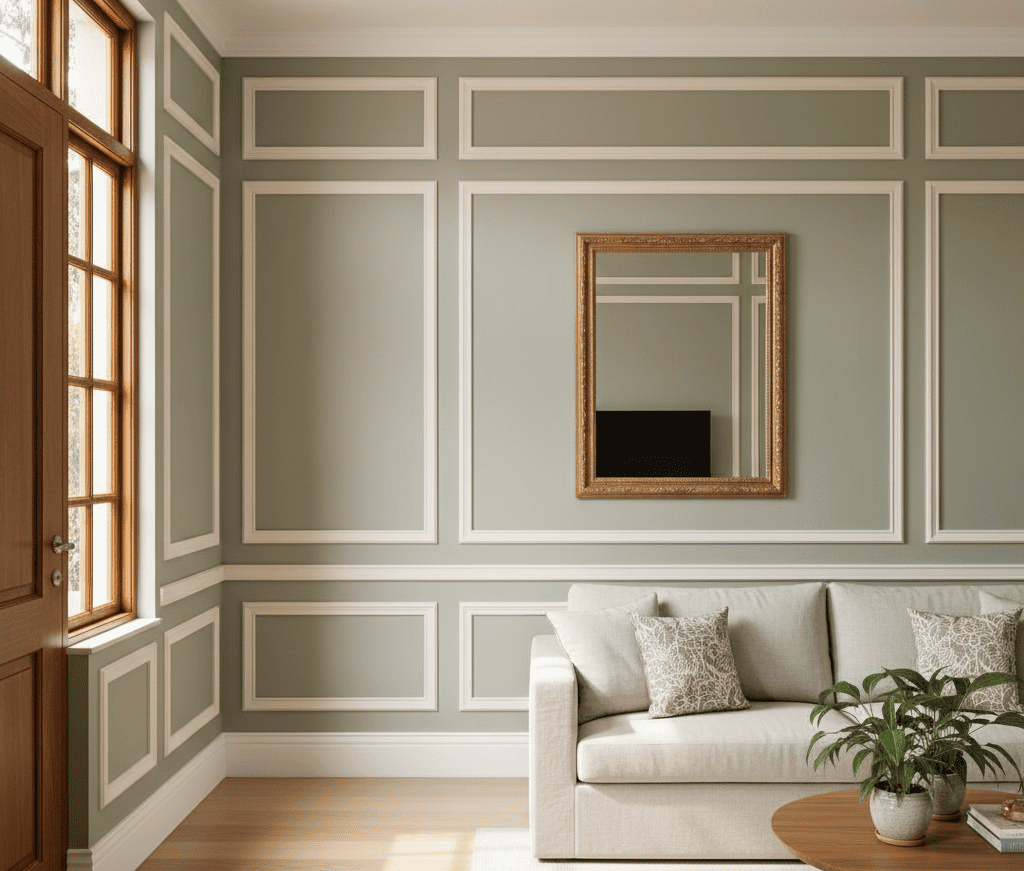 Sala de estar com boiserie clássica em tom verde claro, molduras bem definidas nas paredes, sofá claro, mesa de centro de madeira e espelho decorativo com moldura dourada; ambiente elegante com iluminação natural e estilo atemporal.