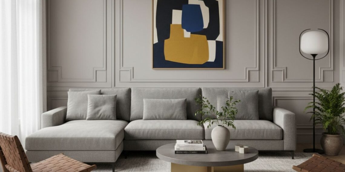 Sala sofisticada com boiserie na sala de estar em tom neutro que emoldura o sofá em “L” e valoriza a obra de arte. A composição equilibra arquitetura clássica e décor contemporâneo, criando um ambiente elegante, acolhedor e visualmente harmônico.