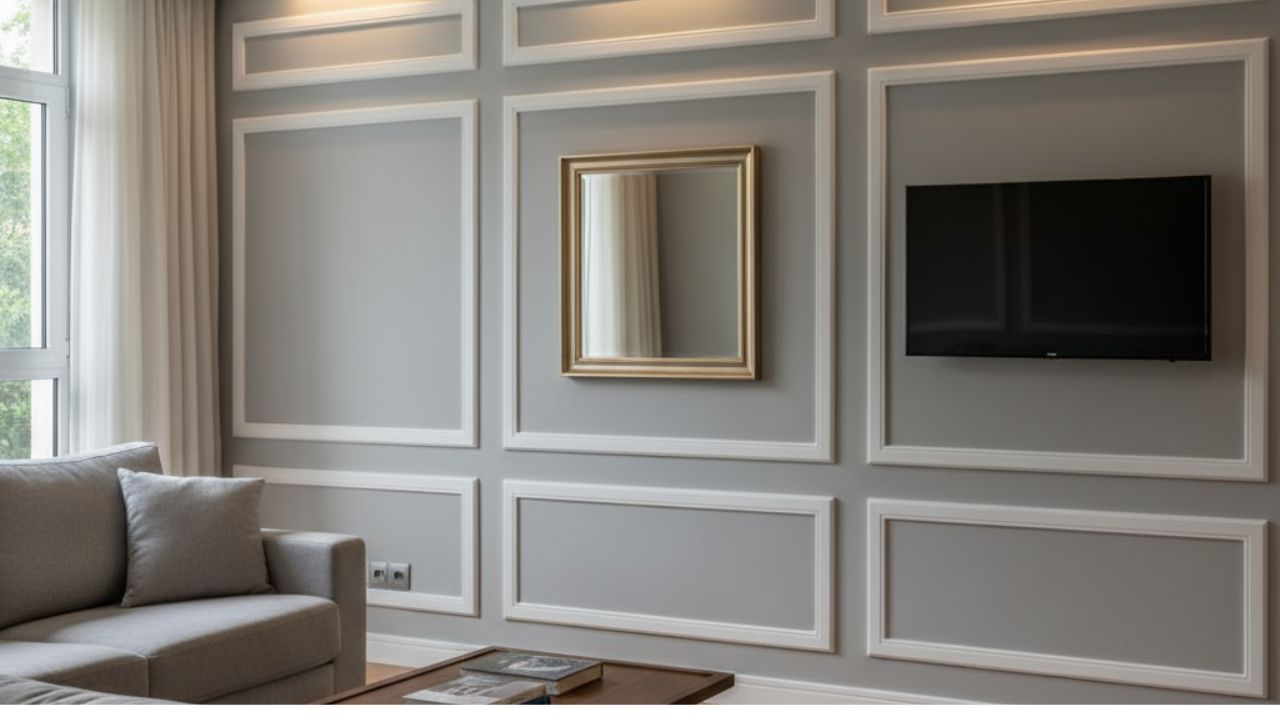 Nesta sala, a boiserie na sala de estar funciona como moldura arquitetônica para o espelho e a TV, criando ritmo visual. A iluminação embutida realça os relevos e transforma a parede em um elemento de destaque sofisticado.