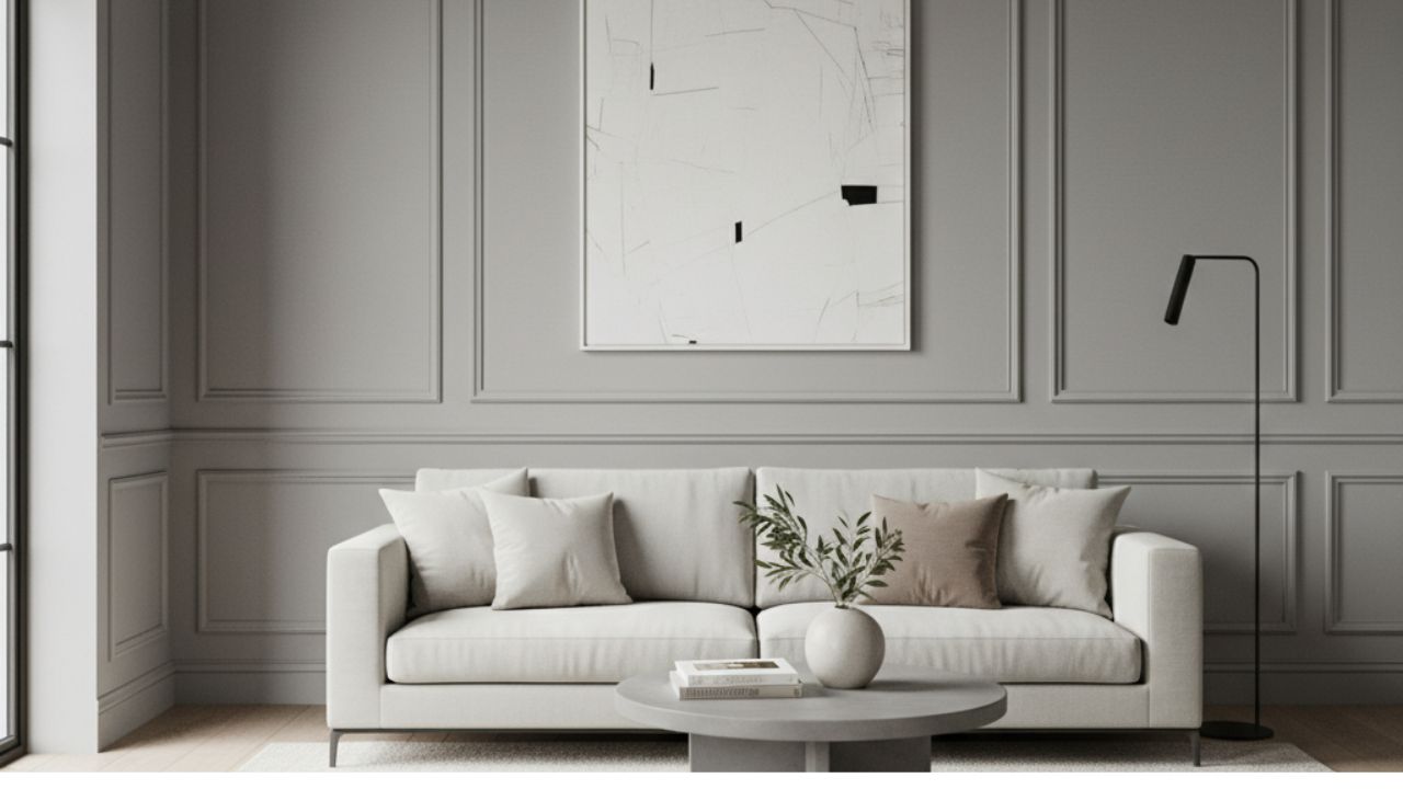 A boiserie na sala de estar cria painéis delicados que organizam a parede e destacam os quadros minimalistas. O conjunto com sofá claro, cortinas leves e planta traz luminosidade, frescor e um toque atemporal ao espaço.