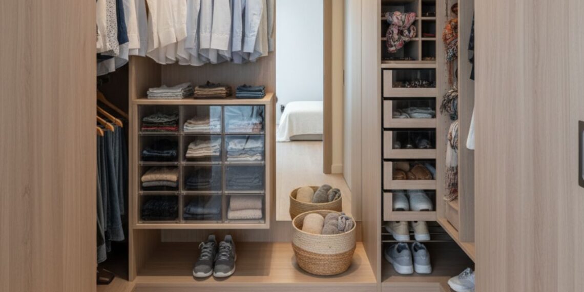 Closet pequeno planejado com armários em madeira clara, roupas organizadas em cabideiros superiores e inferiores, gavetas transparentes para peças dobradas, nichos para calçados e cestos organizadores no piso, aproveitando cada centímetro do espaço.